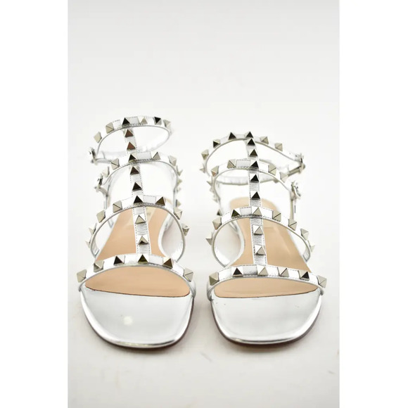 Valentino Rockstud Silver Stud Leather Ankle Strap Gladiator Flat Sandal 36.5 - Picture 5 of 12
